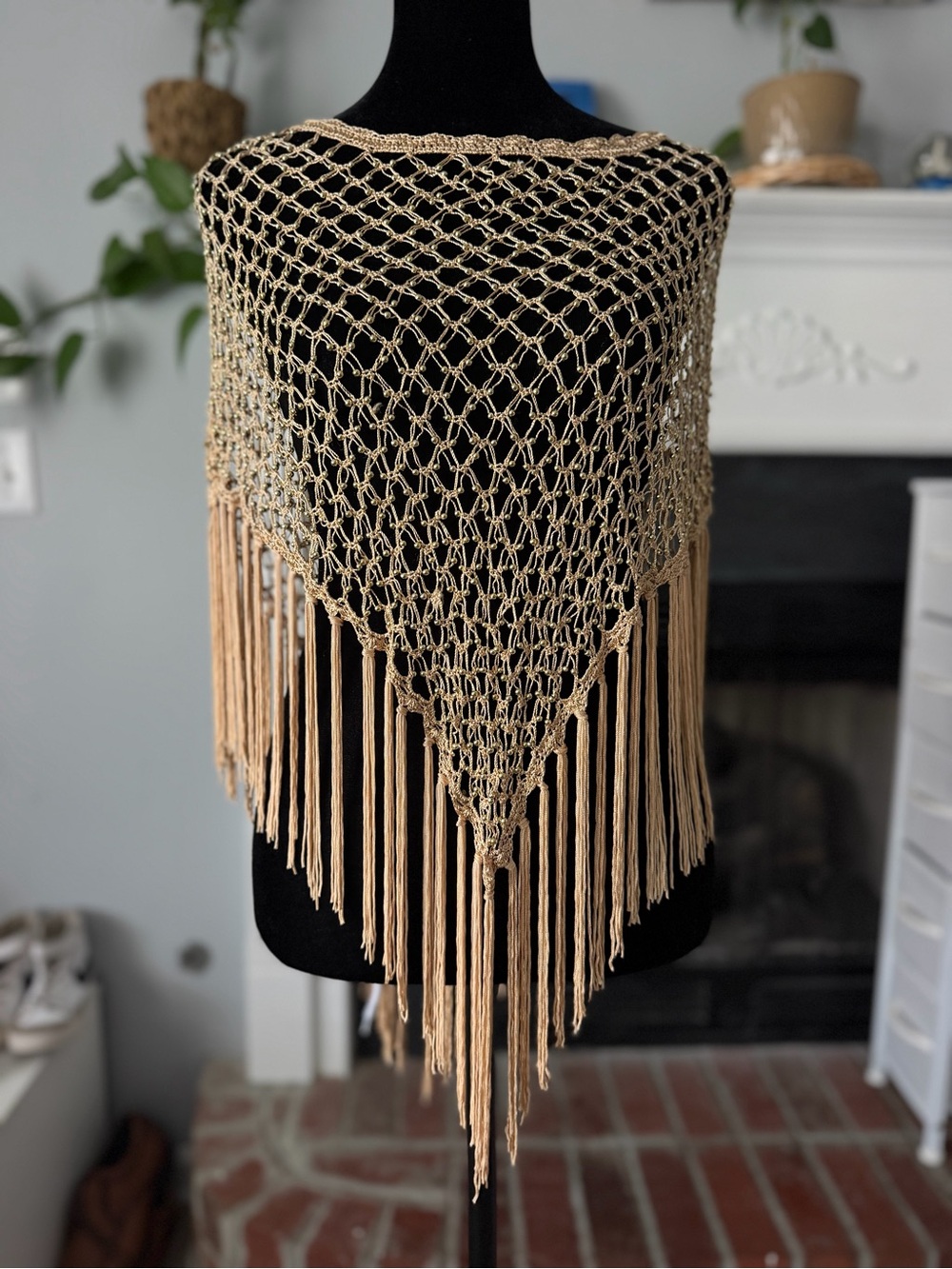 Boho crochet macrame mesh fringe poncho